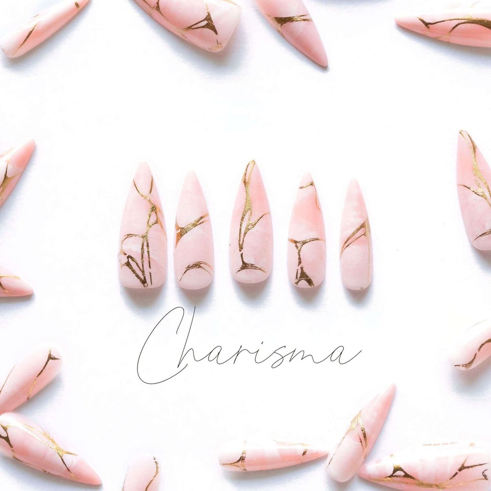Siara Martin Beauty Charisma Press On Nails Pink Gold Marble Stiletto Long New